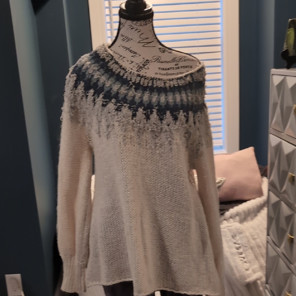 Free People Cream and Blue Cowl Neck Sweater